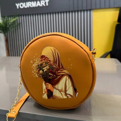 Round Retro Crossbody Handbag | Caramel Faux Leather with Artistic Print for Women